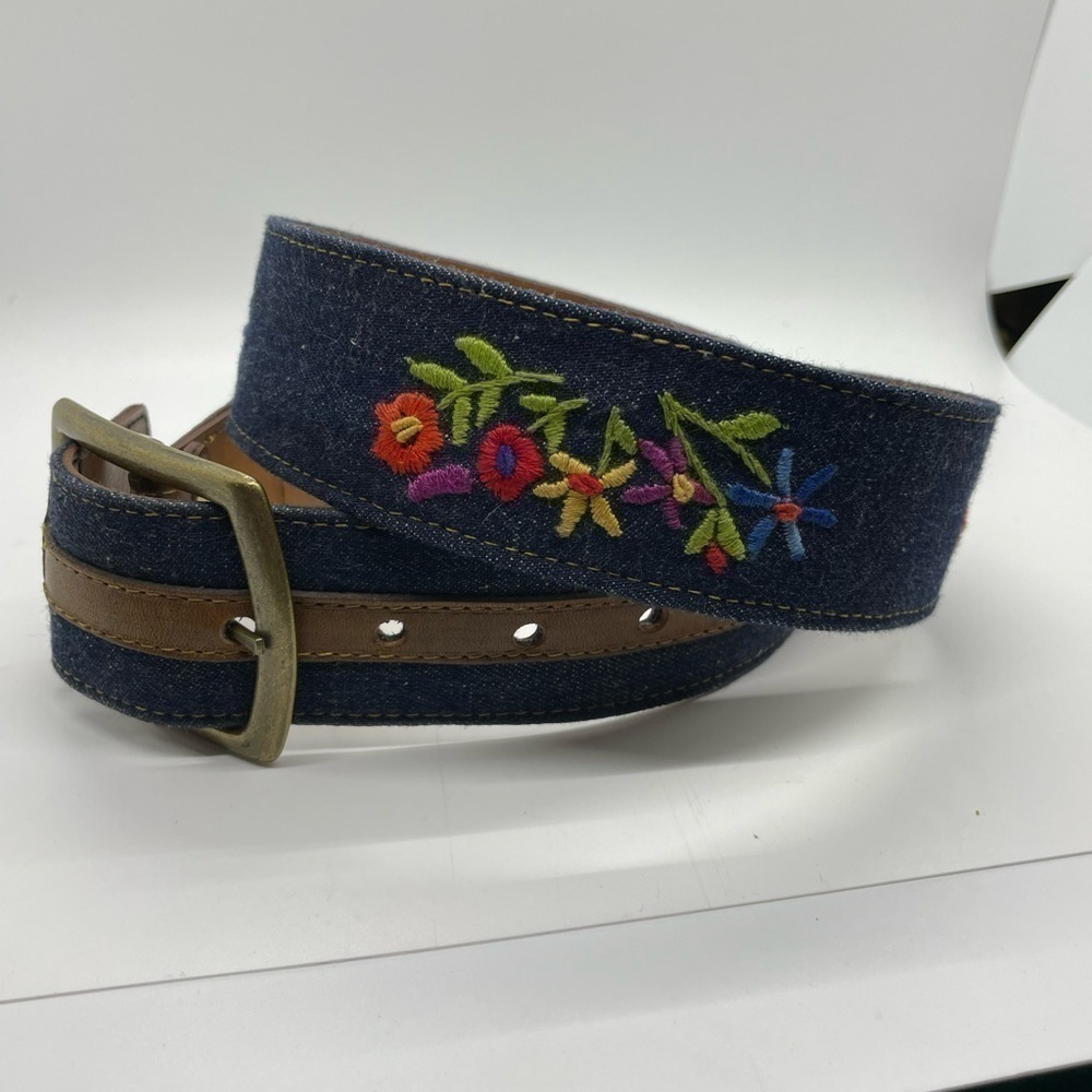 Embroidered Denim Blue Floral Belt Hand Stitched In Bloom Size 34
